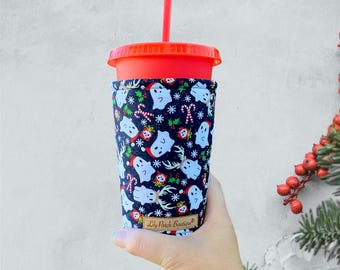 Christmas Reindeer GhostsCoffee Cozy, Iced Coffee Cozy, Coffee Sleeve