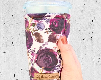 Plum Floral Coffee Cozy, Iced Coffee, Coffee, Cozy, Cold Brew, Drink Cozy, Cup Sleeve, Insulated Drink Sleeve