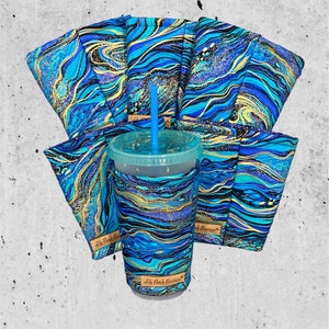 Blue and Gold Marbled, Cup Cozy, Coffee Cozy, Cold Brew, Iced Coffee Cozy, Drink Sleeve, Insulated Cozy, Eco-friendly image 1