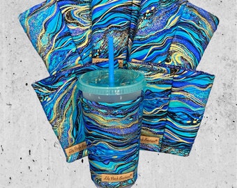 Blue and Gold Marbled Cup Cozy: Insulated Drink Sleeve