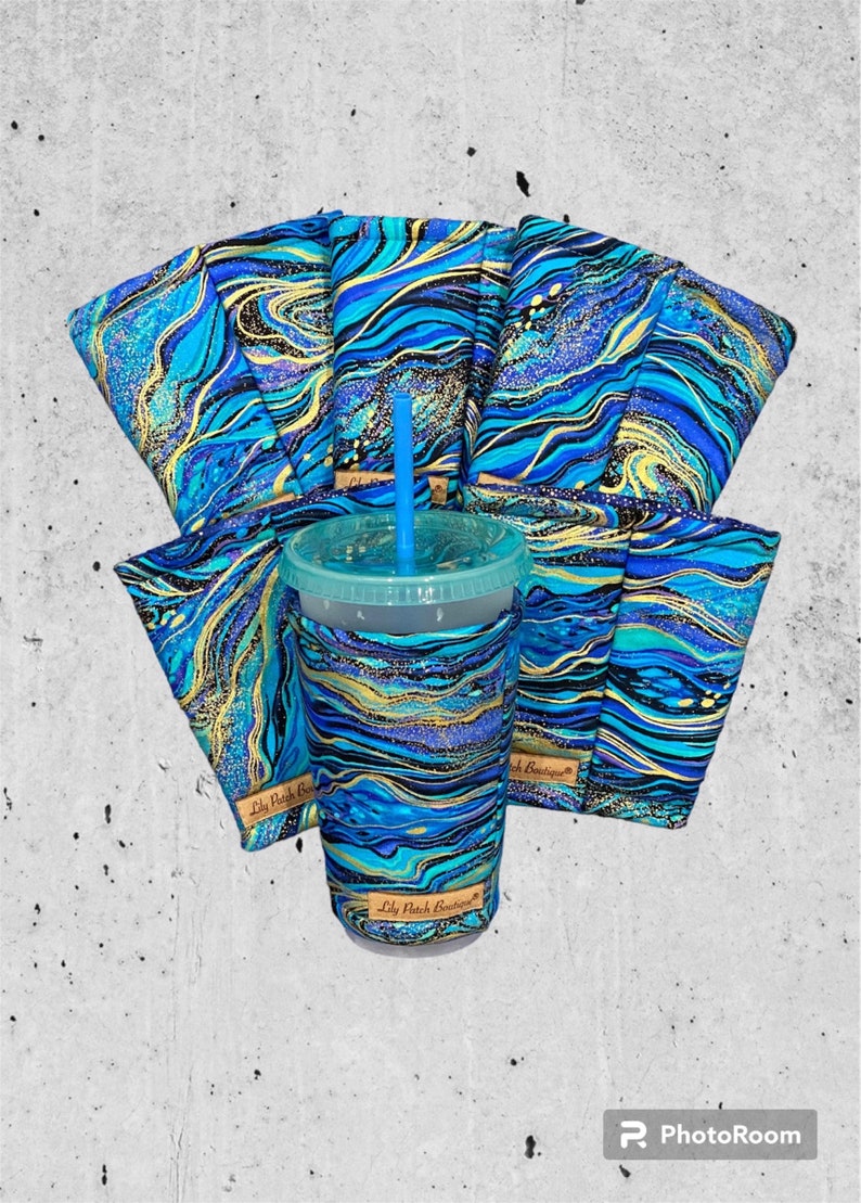 Blue and Gold Marbled, Cup Cozy, Coffee Cozy, Cold Brew, Iced Coffee Cozy, Drink Sleeve, Insulated Cozy, Eco-friendly image 1