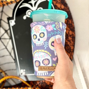 Floral Sugar Skulls, Halloween, Coffee Cozy, Iced Coffee, Cozy, Cold Brew, Coffee, Drink Cozy, Cup Sleeve, Cold Brew, Coffee Gifts image 2