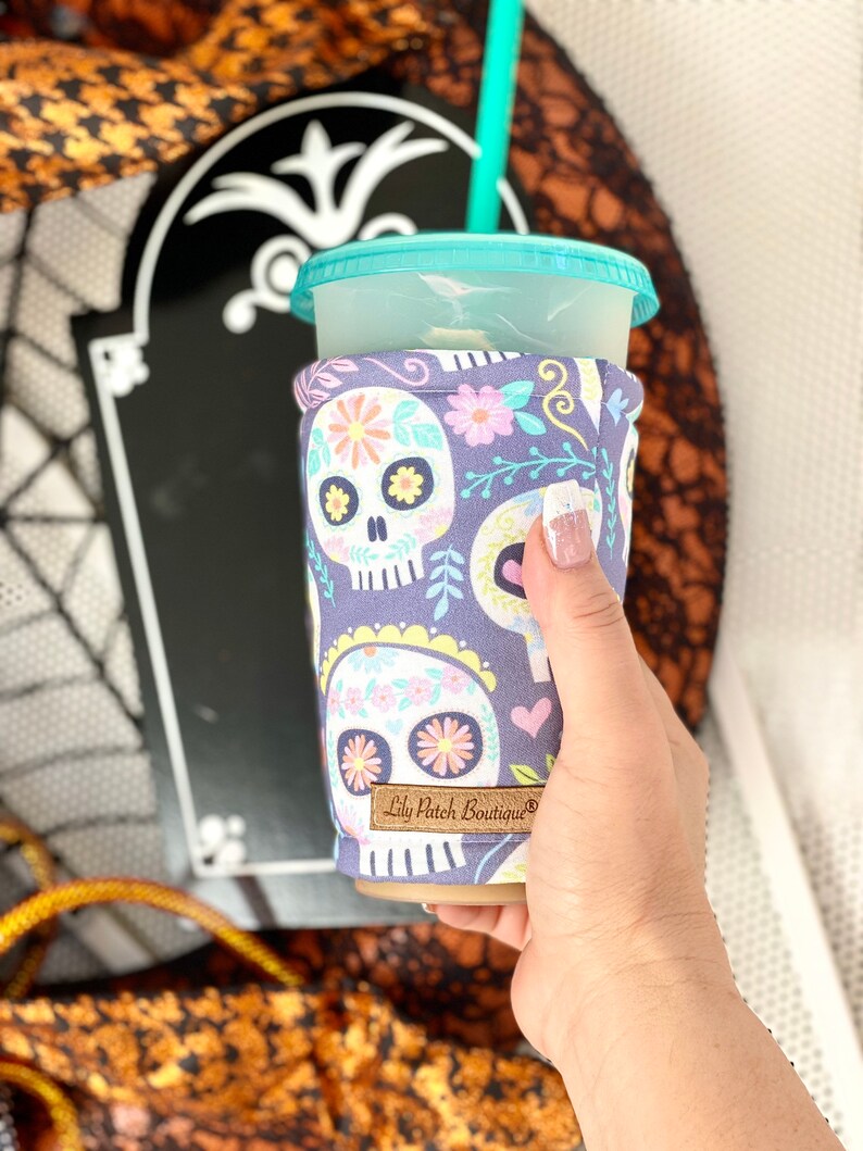 Floral Sugar Skulls, Halloween, Coffee Cozy, Iced Coffee, Cozy, Cold Brew, Coffee, Drink Cozy, Cup Sleeve, Cold Brew, Coffee Gifts image 2