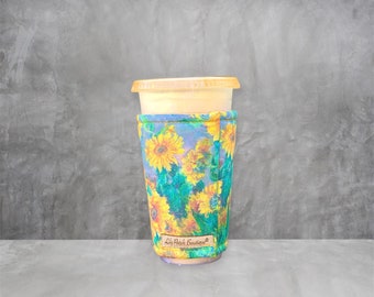 Monet Sunflowers, Fall, Coffee Cozy, Iced Coffee Cozy, Cold Brew, Reusable, Coffee Gifts