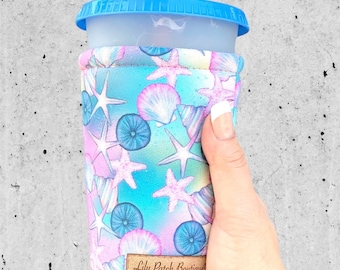 Seashells, Coffee Cozy, Iced Coffee Cozy, Coffee, Drink Cozy, Cup Sleeve, Insulated Drink Sleeve, Cold Brew