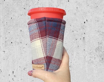 Maroon flannel plaid, Fall Flannel Coffee Cozy, Cup Cozy, Cold Brew, Iced Coffee, Cozy, Drink Sleeve, Cup Sleeve