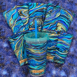 Blue and Gold Marbled, Cup Cozy, Coffee Cozy, Cold Brew, Iced Coffee Cozy, Drink Sleeve, Insulated Cozy, Eco-friendly image 2