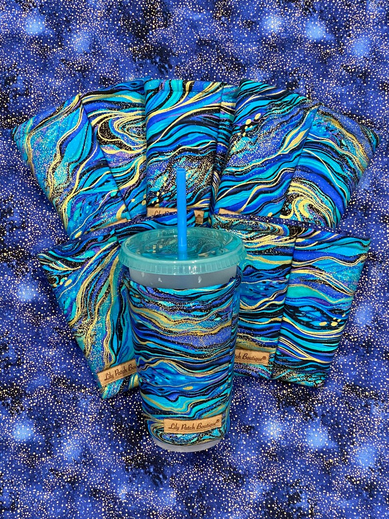 Blue and Gold Marbled, Cup Cozy, Coffee Cozy, Cold Brew, Iced Coffee Cozy, Drink Sleeve, Insulated Cozy, Eco-friendly image 2