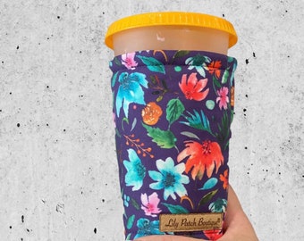 Watercolor Florals on Purple Cup Cozy, Coffee Cozy, Iced Coffee Cozy, Drink Sleeve, Cold brew, coffee gifts, coffee