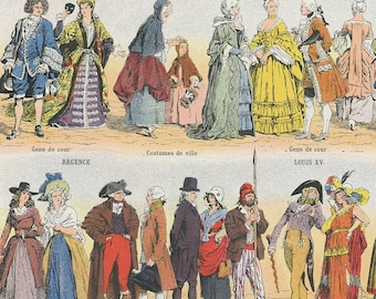 1936 Gravure vintage de costumes civils du 17eme au 20èmw siècle. Petite affiche de mode française vintage pour couturier historiques