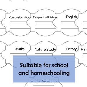 May include: White labels with pre-typed titles for school subjects, including "Composition Book," "English," and "Science." The text "Suitable for school and homeschooling" is also present. There are 10 pre-typed titles and 1 blank label.