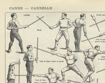 1936 Cane fighting poster. Vintage sports print Vintage fencing poster Cane fighting poster Stick fighting poster French dictionary page