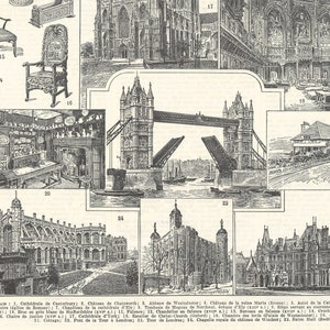 1936 Great Britain monuments drawing for Englandwall decor.  Gift for historian architect. Westminster Canterbury Ely York Oxford Windsor