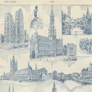 Gravure des Monuments de Belgique 1922. Carte de la Belgique vintage. Décoration murale Belge. Architecture flamande wallone. Bruxelles Gand