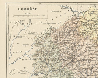 1892 antique map of Correze department. French country decor. Map wall hanging. Geography Teacher gifts. Travel memento Aquitaine France
