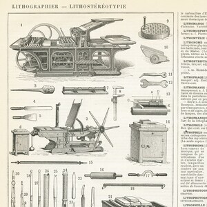 1897 Illustration ancienne de lithographie. Outils et techniques d'impression. Cadeau pour imprimeur Page de dictionnaire français