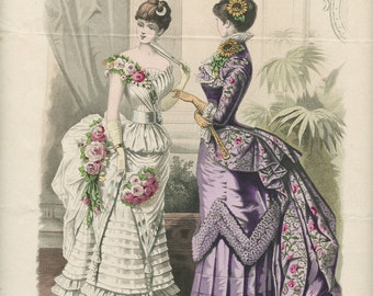 1883 Der Bazar Antique colored fashion plate engraving. White & purple old gowns lithograph. Victorian clothing. Coquette room decor