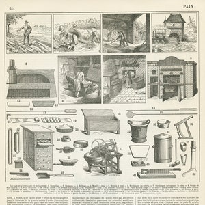 Op de afbeelding: Een zwart-wit educatieve prent getiteld PAIN met genummerde illustraties van de graanoogst, het malen van graan en traditionele bakkersgereedschappen, waaronder ovens, kneedbakken, mengkommen, borstels en diverse houten peddels.