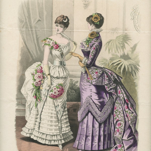 1883 Illustration de mode pour femmes ancienne de robes 19ème Der Bazar. Robe violette blanche brodées de fleurs.