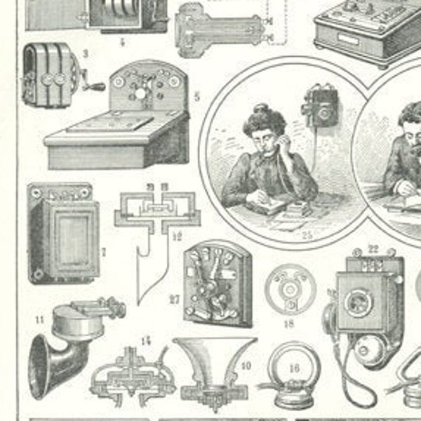 1922 Antique telecom engineer gift. Telephone print. Dorm office decor. French wall hanging, Vintage industrial decor. Engineer Repair shop