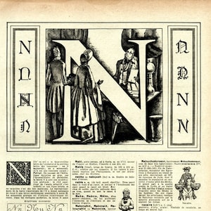 1948 Lettre N Illustration vintage page de dictionnaire Calligraphie Initiale N Lettre de l'alphabet