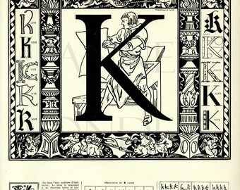 Letter K poster, 1936 Vintage initial K, Vintage Letter K, Antique monogram initial K, alphabet lettre K French Classroom decor