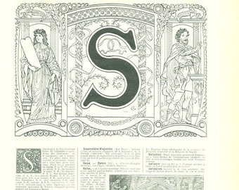 Antique initial letter S print from 1908. Vintage office or front door sign. ABC French dictionary page Monogram initial Alphatet classroom