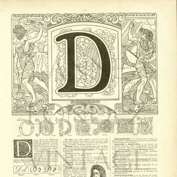 1922 Lettre D  Illustration vintage page de dictionnaire  Calligraphie ancienne Initiale D Lettre de l'alphabet