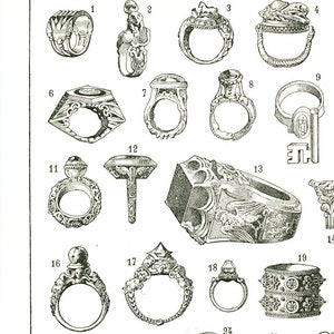 Antique ring design print from 1936. Vintage jewelry illustration. Small wall art for jewelry studio decor silversmith or goldsmith poster