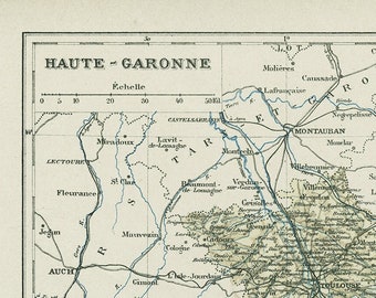 1892 map of Haute Garonne department. Antique French country decor. Map wall hanging Geography Teacher gifts France Travel memento Southwest