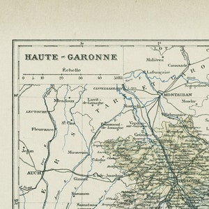1892 Carte ancienne de Haute Garonne. Carte vintage. Carte de département français. Cadeau pour prof de géographie. Sud-ouest Toulouse