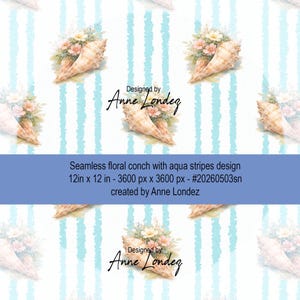 Aqua blue Coastal floral conch striped seamless pattern commercial license 300dpi instant download digital png - Preppy French Country