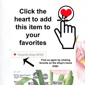 May include: A red heart icon with a hand pointing to it. Text reads: "Click the heart to add this item to your favorites. Favorite shop (9725). Find us again by clicking favorite on the shop's home page."