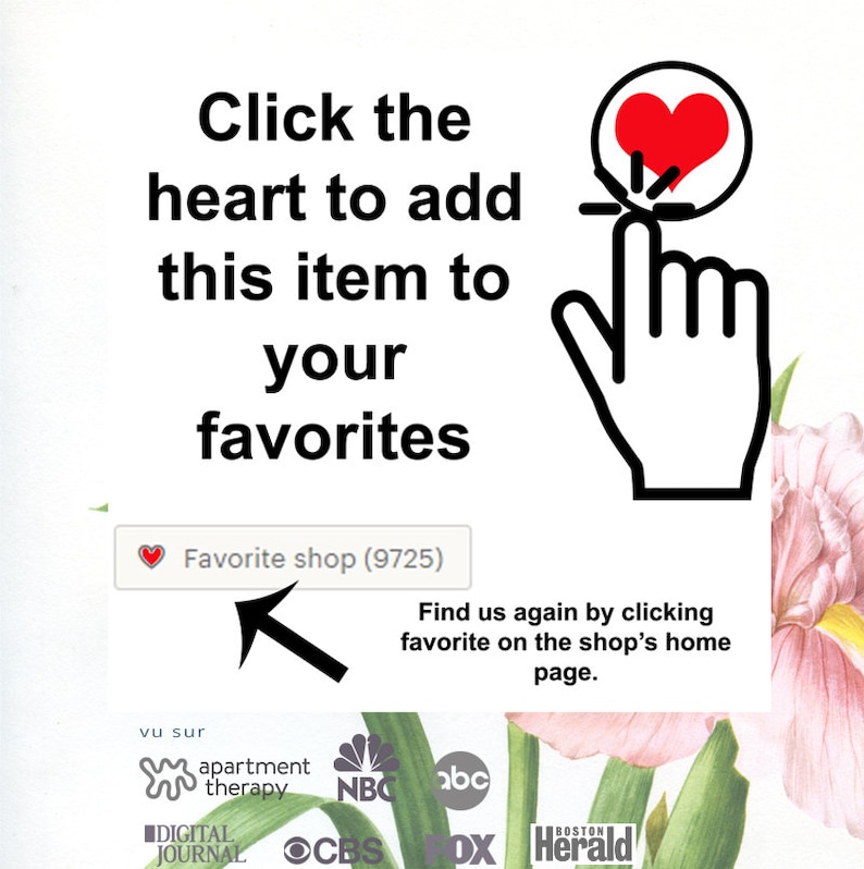 May include: A red heart icon with a hand pointing to it. Text reads: "Click the heart to add this item to your favorites. Favorite shop (9725). Find us again by clicking favorite on the shop's home page."