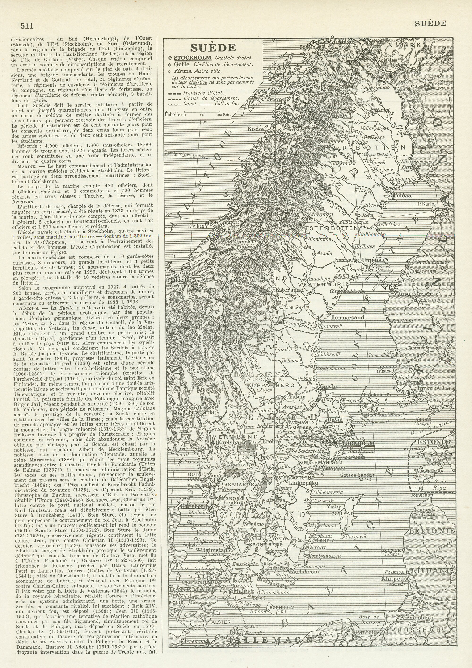 Carte Vintage de Suède 1936 en Noir et Blanc. Ancienne Carte Géographique. Décoration Suèdoise. Cade