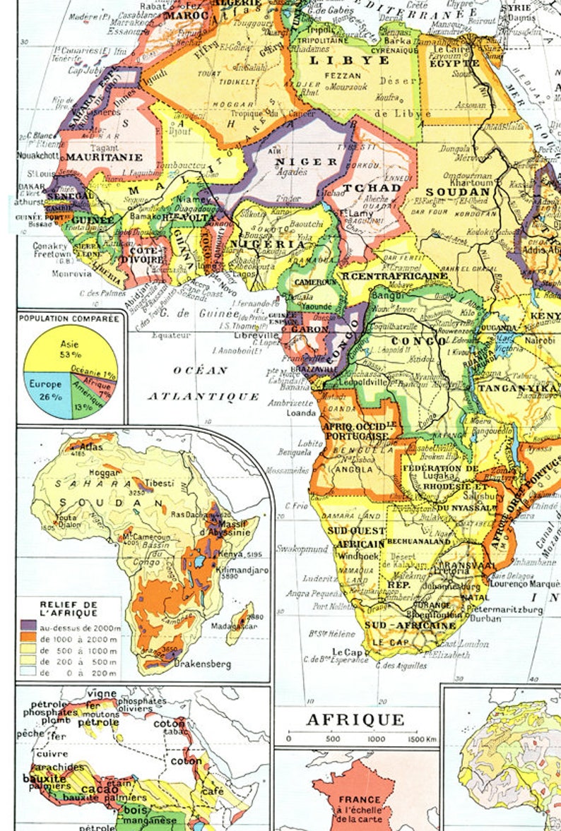 Small Africa map from 1948. Old map of Africa continent. Etsy