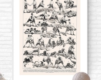 Może przedstawiać: Plakat w stylu vintage, o wymiarach 45,7 x 60,9 cm, przedstawiający serię ilustracji przedstawiających ruchy zapaśnicze. Plakat ma kremowe tło z czarno-białymi ilustracjami. Słowo "LUTTE" znajduje się w prawym górnym rogu.