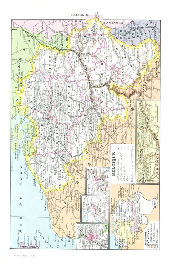 1948 Ancienne Carte de La Belgique Vintage Carte Ancienne Belge Page Dictionnaire Français