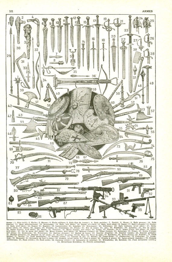 1948 Gravure d'armes Anciennes Poster Historiques d'épées de Fusils Canons
