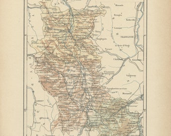 1892 map of Loire department engraving. French country decor. Map wall hanging. Geography Teacher gifts Travel memento France Saint Etienne