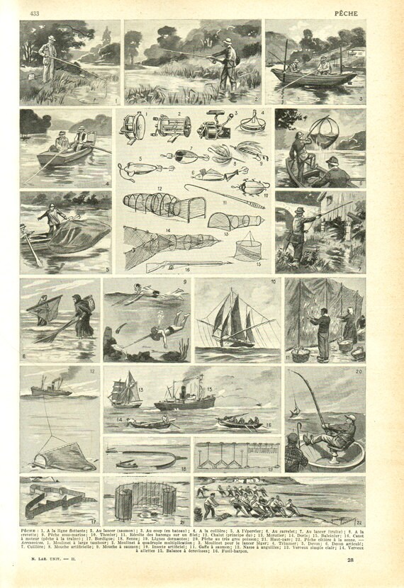 1948 Illustration de Pêche Vintage Poster Pêcheur Techniques à La Mouche Cadeau Peche Pour Pecheur D