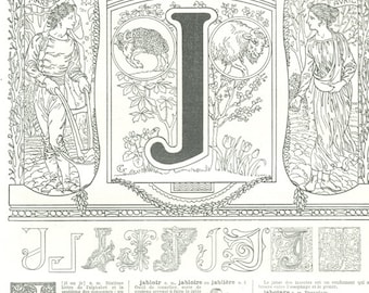 1922 Vintage Letter J wall art vintage Calligraphy ABC French alphabet dictionary page scrapbook paper March April dark academia library