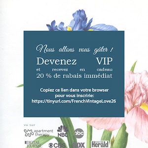 The image is a promotional flyer for a French-themed event, featuring a blue background with a floral design and text in French.