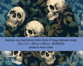 Dark navy blue Steampunk Victorian Gothic Skulls & Foliage Halloween seamless pattern commercial license 300dpi instant download digital png