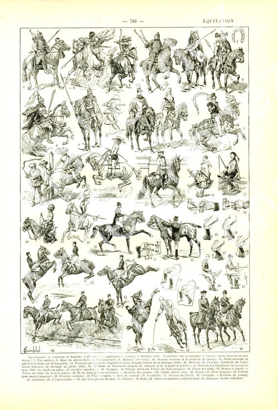 1922 Equitation Illustration Vintage Équestre Page de Dictionnaire Français 1922