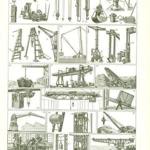 Peut inclure: Une page illustrée présentant différents types d'équipements de levage et de manutention. L'image comprend des dessins détaillés de grues, de poulies, de treuils et d'autres machines utilisées pour soulever des objets lourds. Les illustrations sont en noir et blanc.