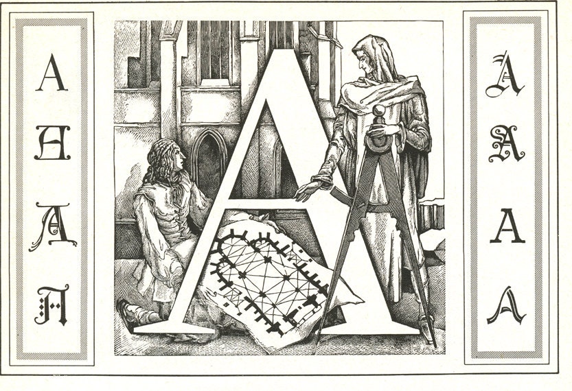 1948 Lettre A Illustration Vintage Page de Dictionnaire Cadeau Arpenteur Géomètre Calligraphie Initi