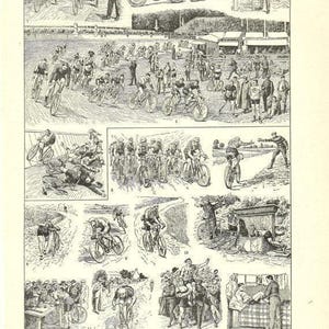 May include: A vintage monochrome illustration showing scenes from a cycling race and motorcycle racing. The image features cyclists on bicycles, a motorcycle, and spectators. The text at the top reads "VELODROME - CYCLISME".