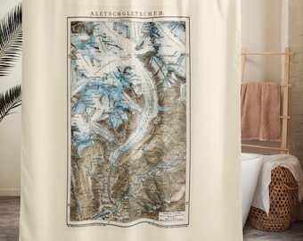 Shower Curtain map of the Aletsch Glacier Swiss Alps. Gift for alpinist mountain bathroom decor. Science glaciology dark academia