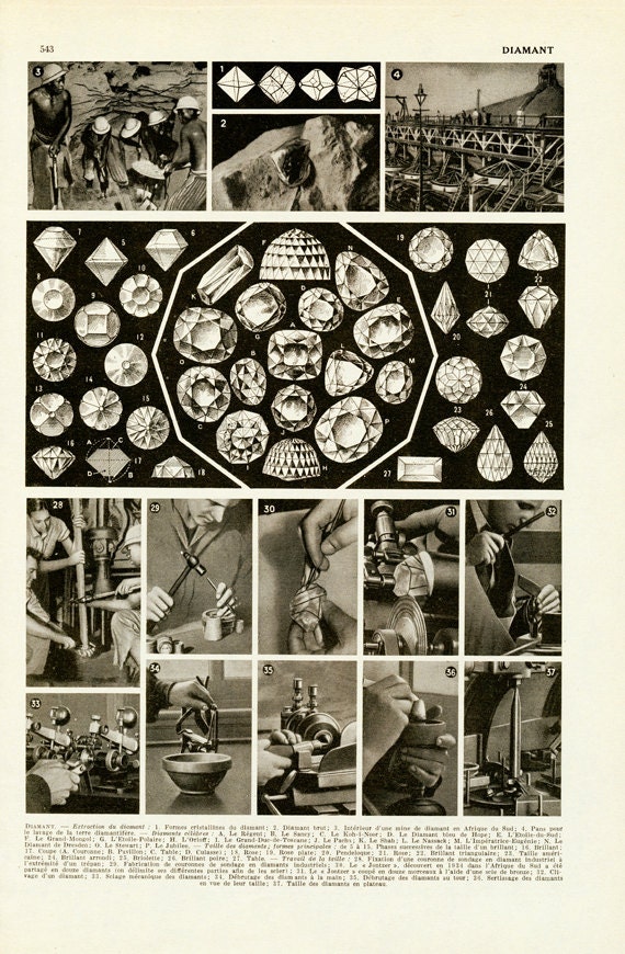 1949 Taille Du Diamant Poster de Cadeau Pour Bijoutier Illustration Minéraux Dictionnaire Français